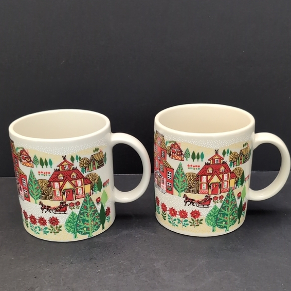 Otagiri,Gibson Greeting Cards Set Of 2 Ceramic Coffee Mugs With Christmas Scene. - Picture 1 of 10